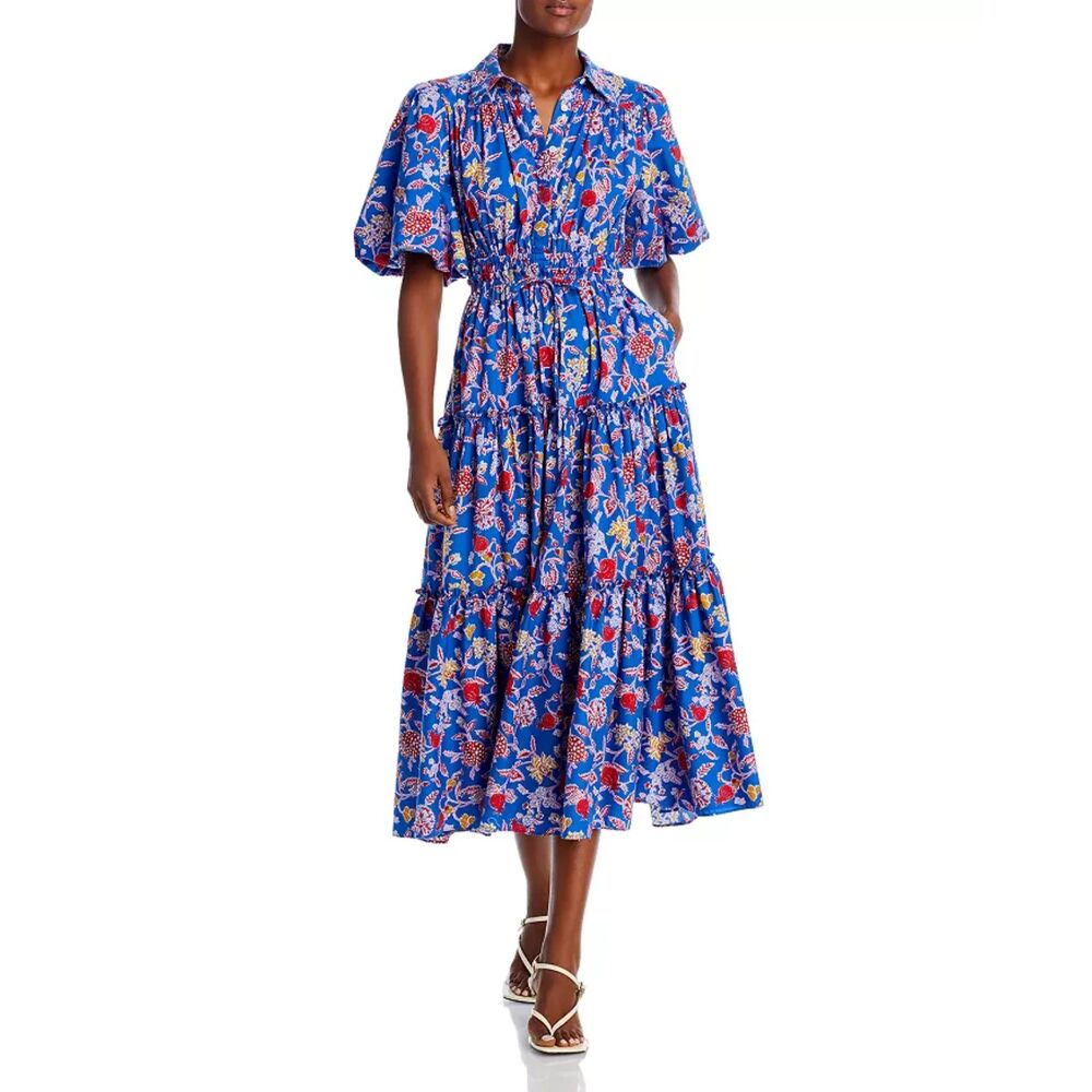 DEREK LAM 10 CROSBY Dahlia Printed Midi Dress Blue Sz 6